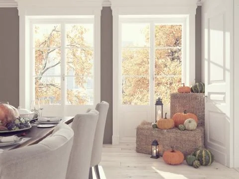 Nordic kitchen in an apartment. 3D rendering. thanksgiving concept. Illustrazione stock