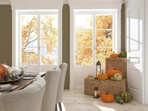 Nordic kitchen in an apartment. 3D rendering. thanksgiving concept. Stock Illustration