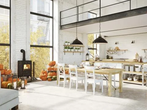 Nordic kitchen in an apartment. 3D rendering. thanksgiving concept. イラスト素材
