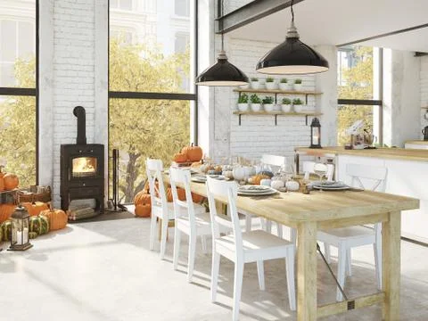 Nordic kitchen in an apartment. 3D rendering. thanksgiving concept. イラスト素材