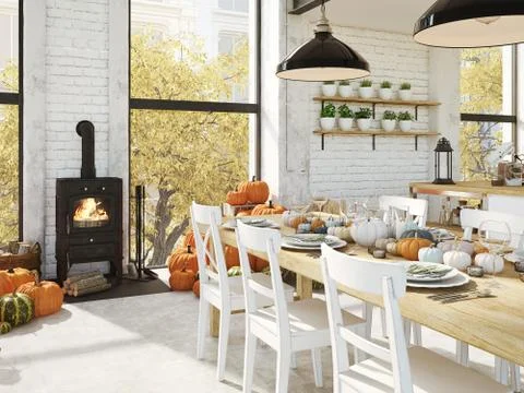 Nordic kitchen in an apartment. 3D rendering. thanksgiving concept. Stock Illustration