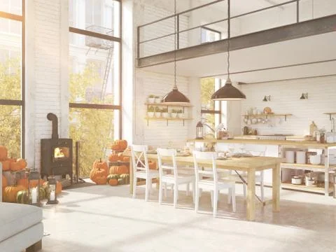 Nordic kitchen in an apartment. 3D rendering. thanksgiving concept. Stock Illustration