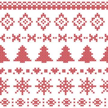 Nordic pattern with christmas elements stitched in red Illustrazione stock