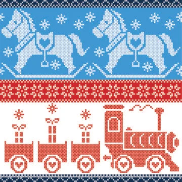 Nordic pattern with gravy train, Xmas gifts, hearts, rocking  pony Stock Illustration
