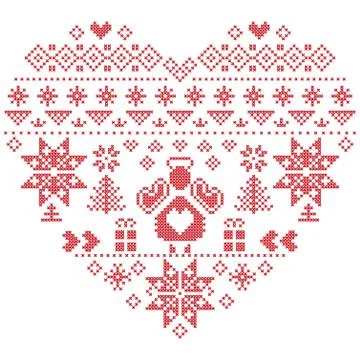 Nordic pattern in hearts shape with an angel on white Stock Illustration