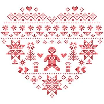 Nordic pattern in hearts shape with gingerbread man Stock Illustration