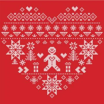 Nordic pattern in hearts shape with gingerbread man on red background Stock Illustration