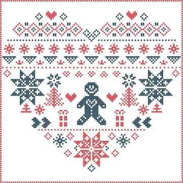 Nordic pattern in hearts shape with gingerbread man in red and blue Illustrazione stock
