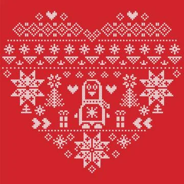 Nordic pattern in hearts shape with penguin on red background Stock Illustration