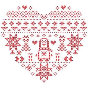 Nordic pattern in hearts shape with penguin Stock Illustration