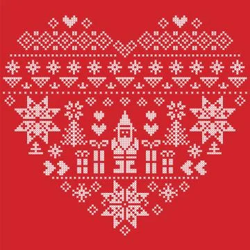 Nordic pattern in hearts shape with Santa Claus  on red background Stock Illustration