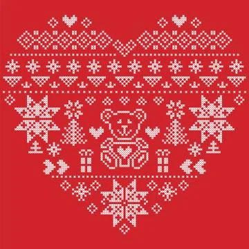 Nordic pattern in hearts shape with teddy bear on red background Stock Illustration