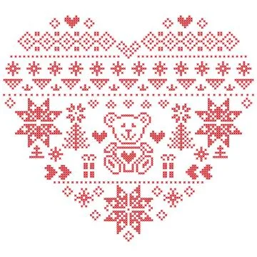 Nordic pattern in hearts shape with teddy bear Stock Illustration