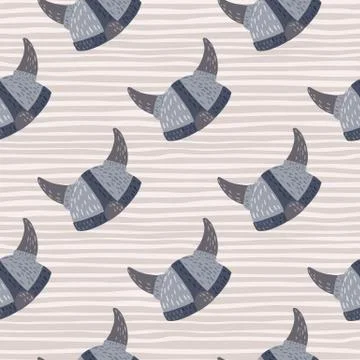 Nordic seamless doodle pattern with blue viking helmets. Light grey striped b Stock Illustration
