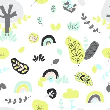 Nordic seamless pattern. Leaf, tree, rainbow, grass Stock Illustration
