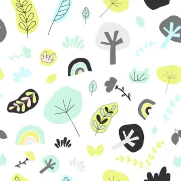 Nordic seamless pattern. Leaf, tree, rainbow, grass Stock Illustration