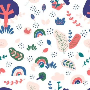 Nordic seamless pattern. Leaf, tree, rainbow, grass Stock Illustration