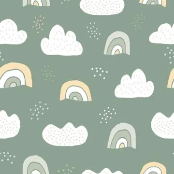 Nordic seamless pattern. Rainbow, clouds and dots Stock Illustration