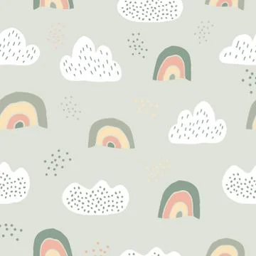 Nordic seamless pattern. Rainbow, clouds and dots Stock Illustration