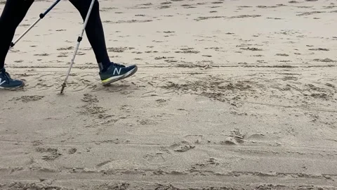 Nordic walkers on the beach pulling pulk sleds Video stock 154498507