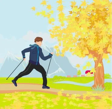 Nordic walking - active man exercising outdoor Stock Illustration