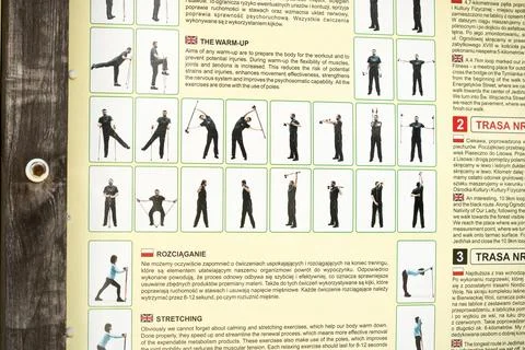 Nordic walking exercise, simple warm up exercises how to info, descriptions.. Fotos de archivo