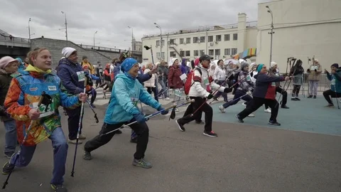 Nordic walking. Warmup Stock-Footage 104843514
