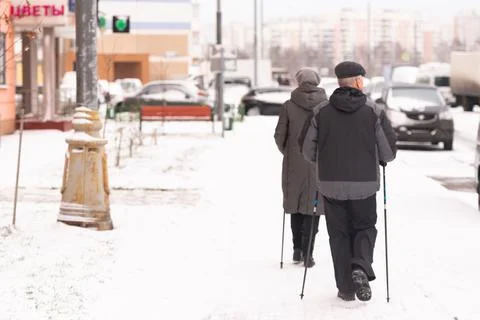 Nordic walking in winter Stock Photos