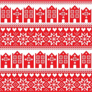 Nordic, winter seamless red pattern with houses Stock Illustration