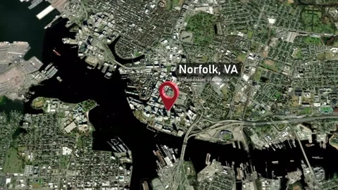 Norfolk City Map Zoom (VA, USA) from Space to Earth Video stock 296008853