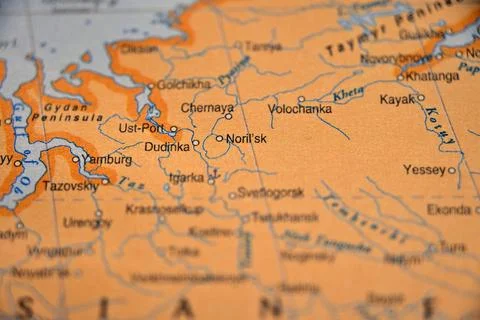 Norilsk Highlighted on World Map  Soft Blur Defocused Travel Photography Stock Photos