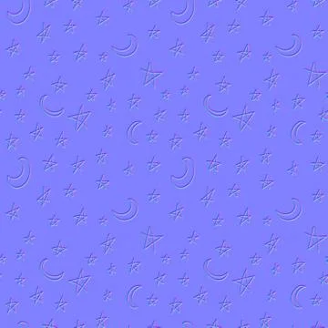 Normal map of doodle stars and moon texture, seamless pattern for use in 3D Stock Illustration