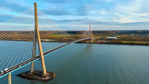 Normandy Bridge with tall pylons and cable lines over the estuary Stock Footage 336816133