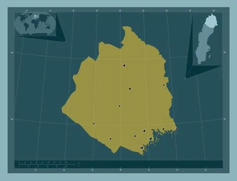 Norrbotten, Sweden. Solid color shape. Locations of major cities of the regio Stock Illustration