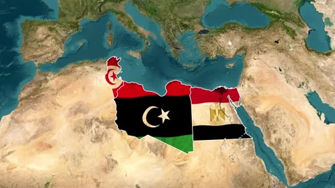 North Africa Flag Map Animation Highlighting Tunisia, Libya, and Egypt Stock Footage 343073568