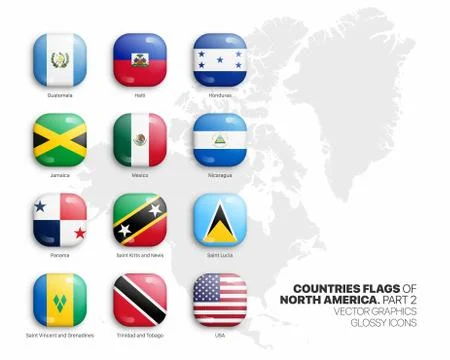 North America Countries Flags Vector 3D Glossy Icons Set White Background Part 2 Stock Illustration