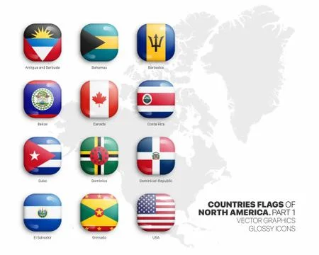 North America Countries Flags Vector 3D Glossy Icons Set White Background Part 1 Illustrazione stock