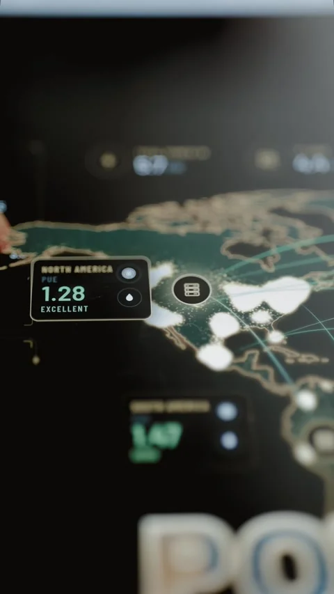 North America efficiency tile reads exact PUE 1.28 Stock Footage 344850293