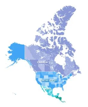 North America vector map with states borders of Canada, USA and Mexico Stock Illustration