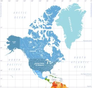 North America vector map with states borders of Canada, USA and Mexico Stock Illustration