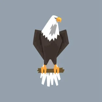North American Bald Eagle character sitting on a branch of tree, symbol of Stock Illustration