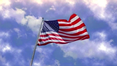 North American Flag Fluttering in the Clouds with birds flying over it Stock Footage 220082724