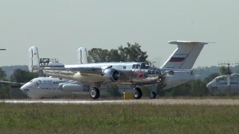 North American Mitchell B-25 bomber moves on runway after landing. Stock Footage 115012700