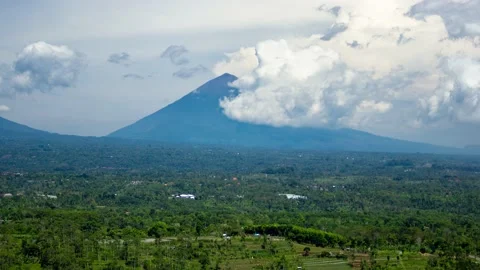 North Bali Landscape with Rolling Clouds Over Mount Agung Volcano Timelapse Stock Footage 195935072
