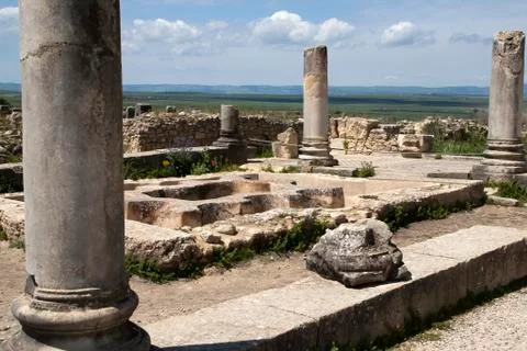 North Baths roman ruins with fields in background Stock Photos