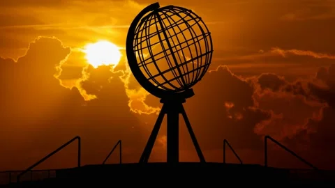 North Cape Globe Monument: Time Lapse at Sunset with Red Sun and Fiery Sky Stock Footage 164707162