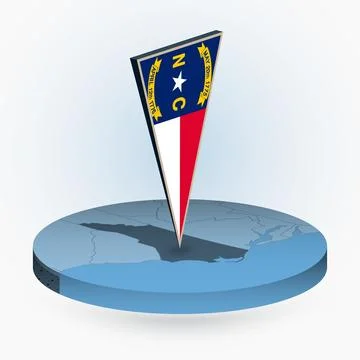 North Carolina map in round isometric style with triangular 3D flag of US S.. Stock Illustration