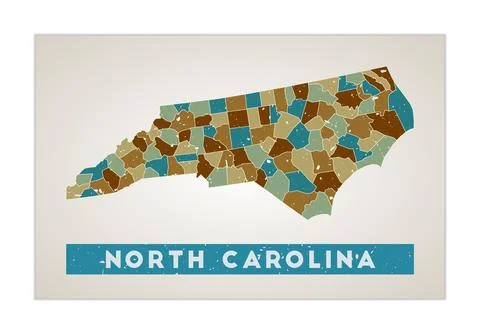 North Carolina map. Us state poster with regions. Old grunge texture. Shape.. Stock Illustration