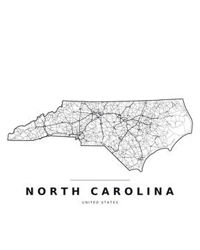 North Carolina NC Map Counties Highways Roads Black White Editable Vector Stock Illustration