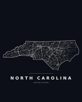 North Carolina NC Map Counties Highways Roads Dark Mode Editable Vector Stock Illustration